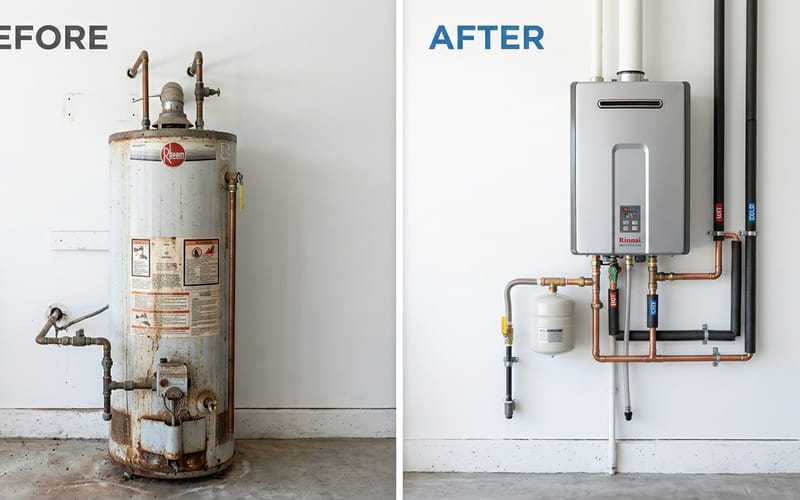 Old rusty water heater tank before replacement